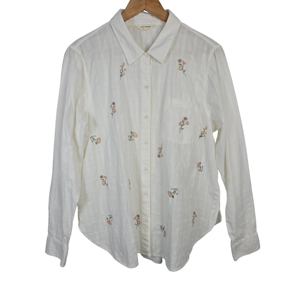 Lucky Brand White Embroidered Floral Plaid Button Down Shirt Womens Large L